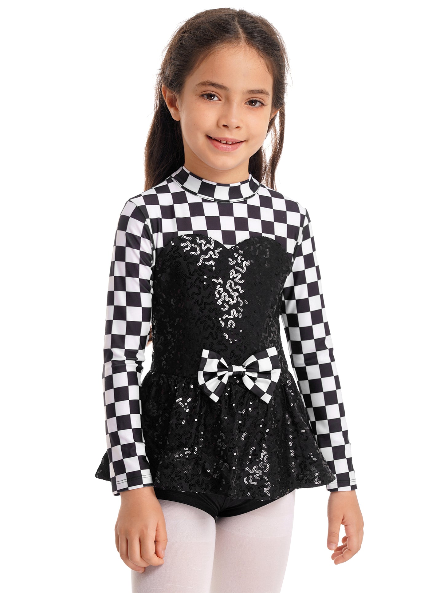 Kids Girls Checkerboard Racer Costume Halloween Car Driver Cosplay Leotard Dress with Tulle Skirt Themed Party Driving Roleplay
