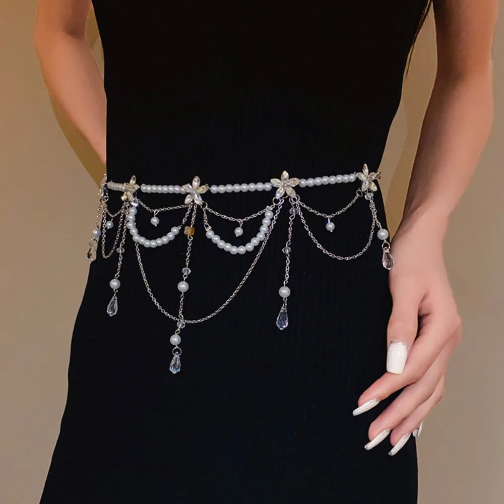 Fashion Elegant Pearl Waist Chains Waist Accessory Versatile Floral Belly Chain Boho Hip Chain Women