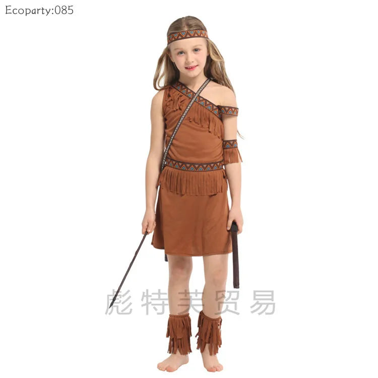 Halloween Kids Indian Cosplay Performance Costumes Primitive Activity Costumes Dress +Headdress+Waistband+Armband+Shoe covers