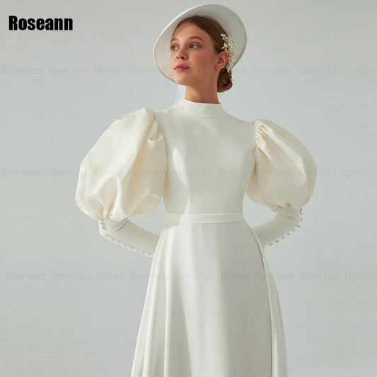 Customized Muslim Exquisite A-line Wedding Dresses Button Puff Sleeve High Collar Satin Bride Gown Floor Length robe de mariée