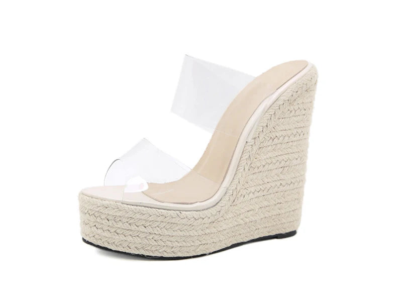 Summer PVC Transparent Peep Toe Cane Straw Weave Slippers Platform Wedges Sandals Women Fashion High Heels Female Shoes