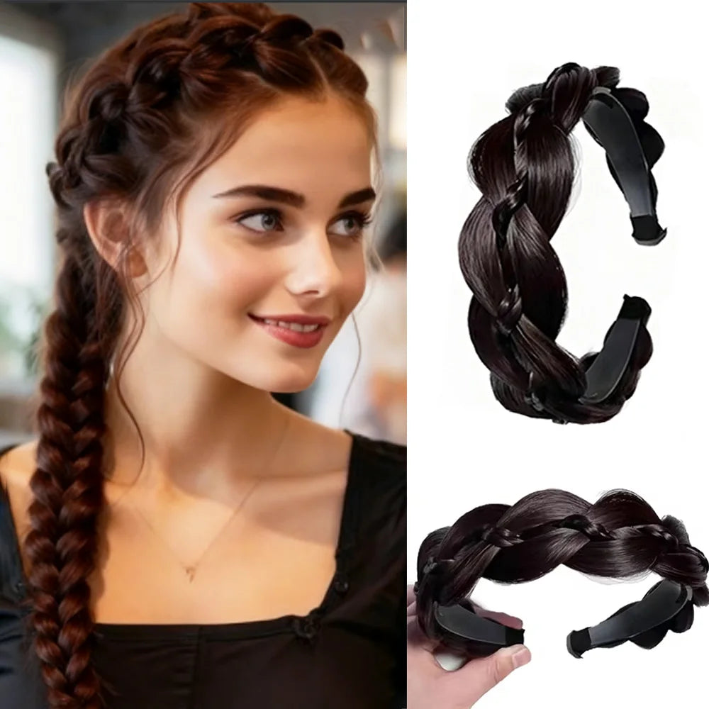 Synthetic Ladies Hair Wide Fishbone Braids Non-slip Headband Handmade Retro Headband Styling Headwear Accessories
