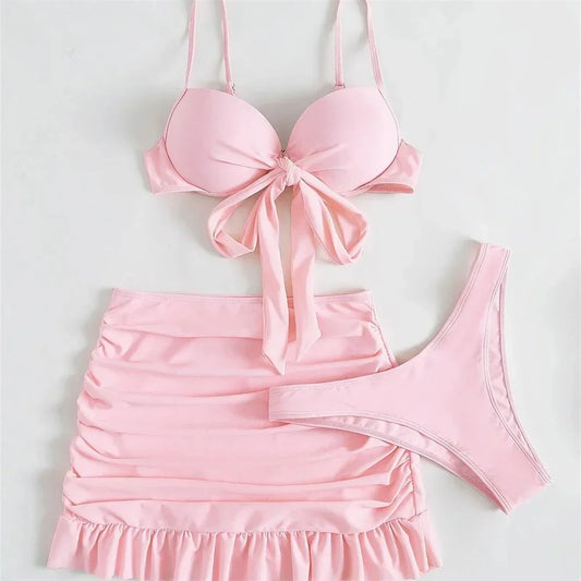 Cute Pink Ruched Swimwear Push Up Bandage Bikini Thong Pleated Swimsuit 3 Piece Women's Skirt Beach Outfits Bikinis Bathing Suit
