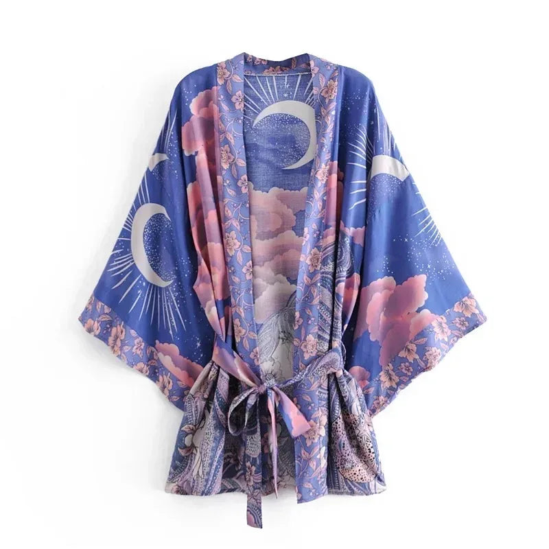 Happie Queens Vintage Star and Moon Floral Print Sashes Women Bohemian V Neck Batwing Sleeves Happie Short Robe Kimono