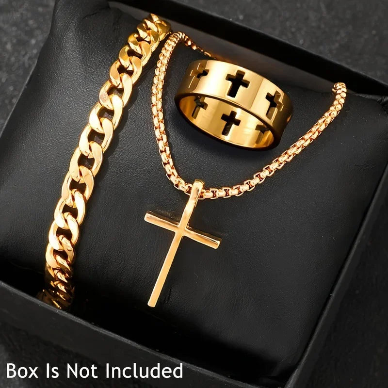 Men's 3pcs Fashion Alloy Jewelry Set - Cross Pendant Necklace, Bracelet & Ring Combo