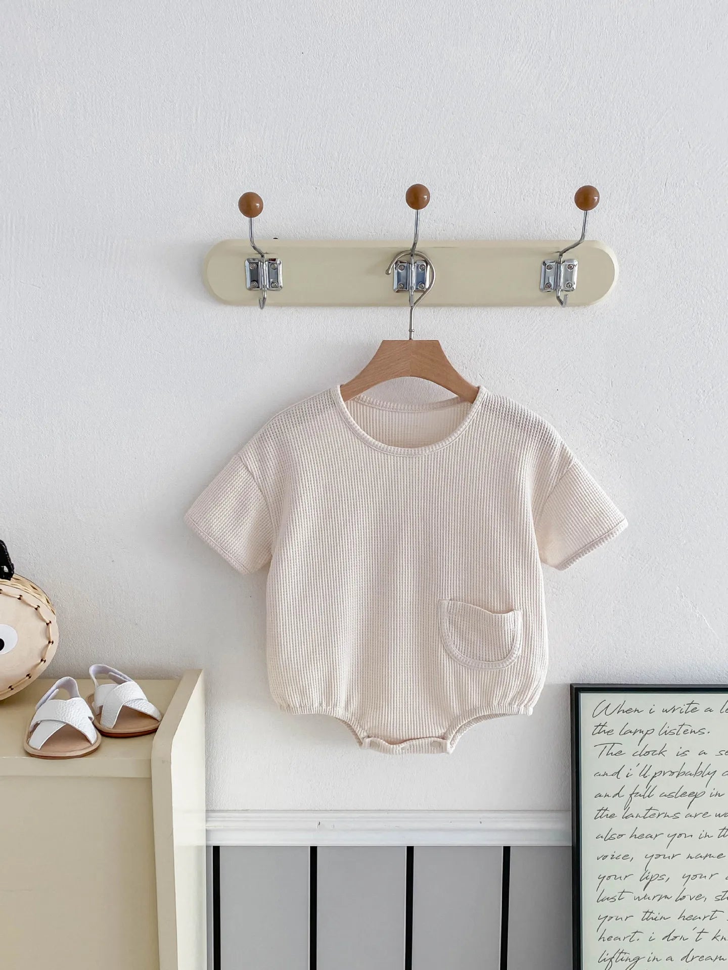New Korean Style Baby Summer Cotton Simple Comfortable Short - Sleeve Waffle - Knit Onesie with Small Pocket Decoration Romper