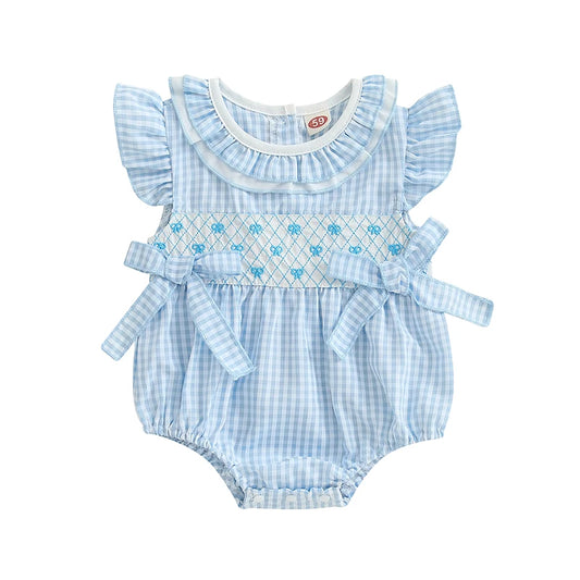 Infant Baby Girl Summer Romper Outfit Ruffle Short Sleeve Bodysuit Bow Embroidery Plaid Jumpsuit 0-18M