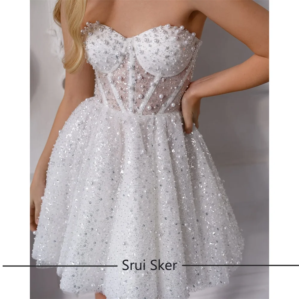Spaghetti Straps Beading Wedding Party Dress with Sequin Pearls Sleeveless Short Wedding Gowns Lace up Mini Bridal Gown