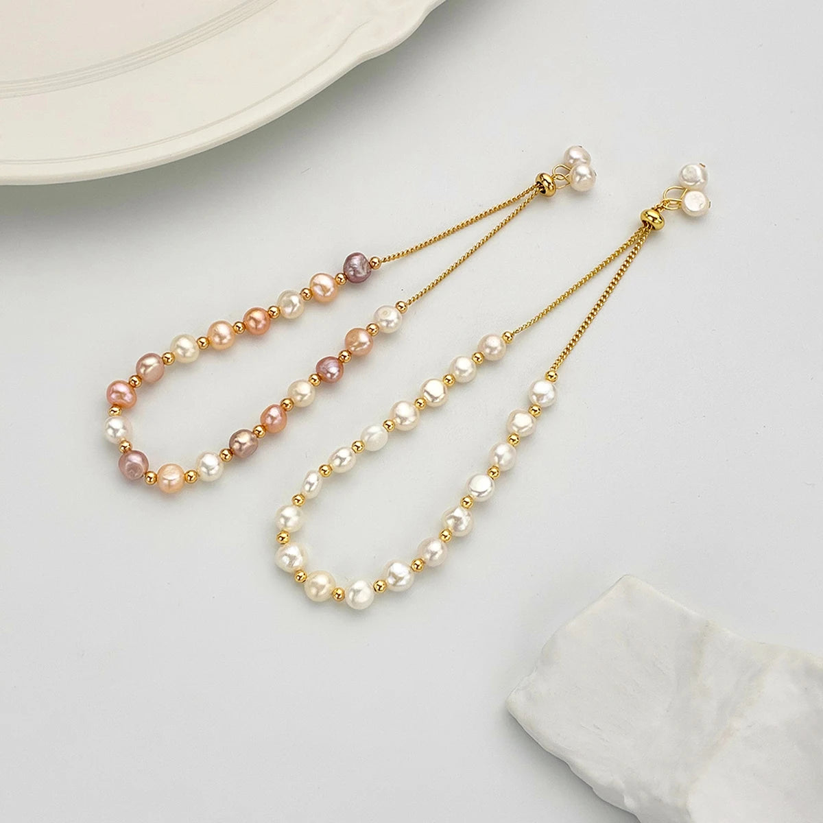 Adjustable Natural Pearl Bracelets Round Freshwater Pearl Loose Spacer Bead Bracelets for Women Best Party Gift