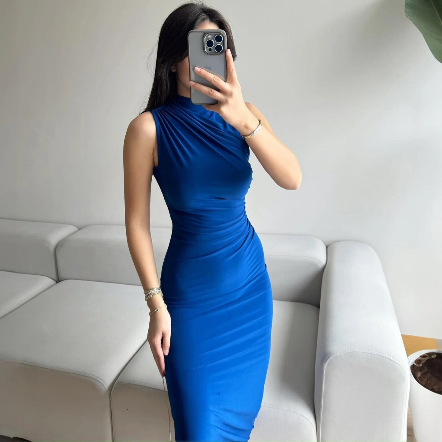 YUZHEXI elegant sleeveless ruched midi dress women commuter bodycon solid color robe black red pink split clothes summer