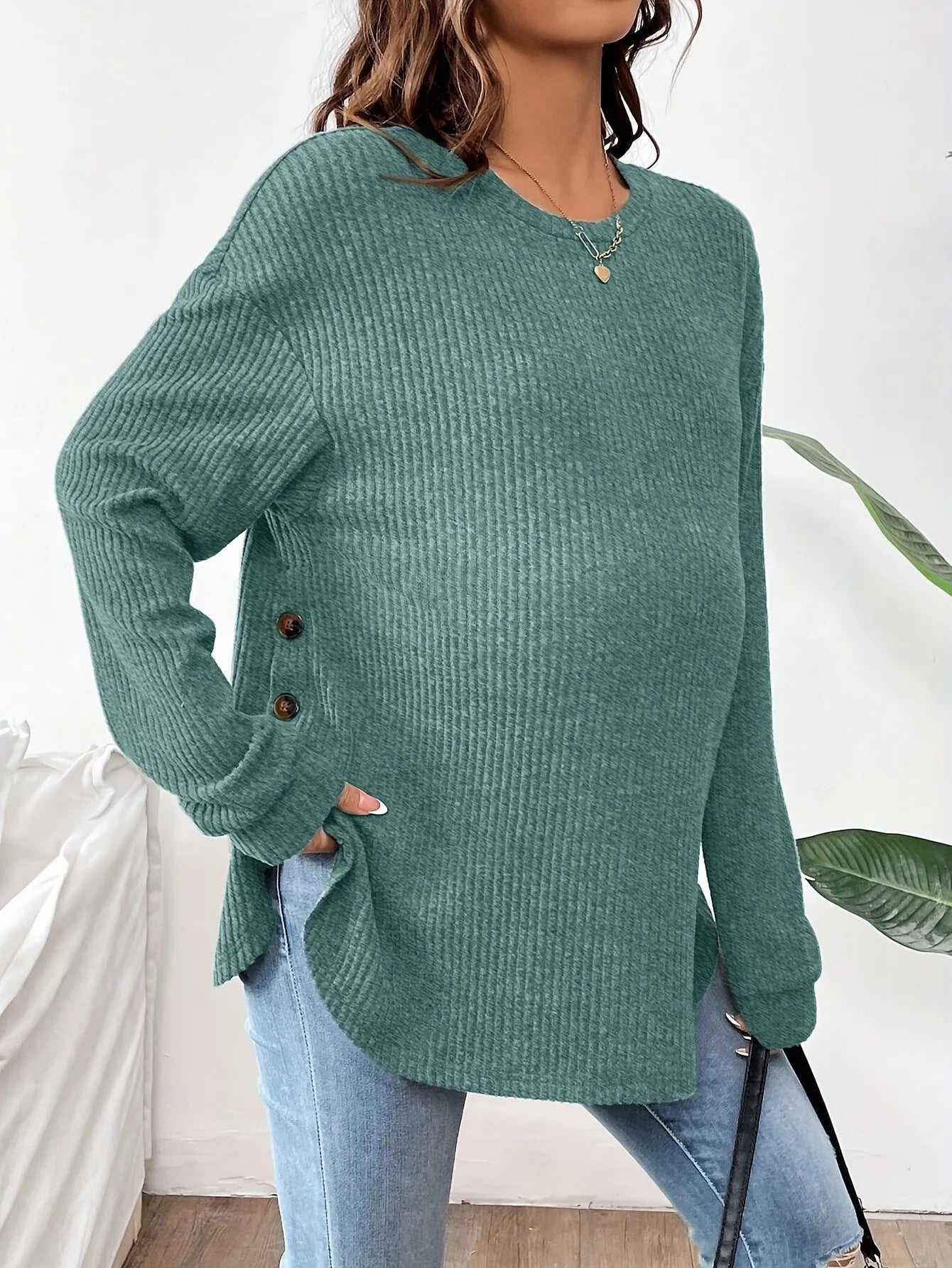 Pregnant Women's New Top For Autumn And Winter Casual Pullover Round Neck Long Sleeved Button Sweater