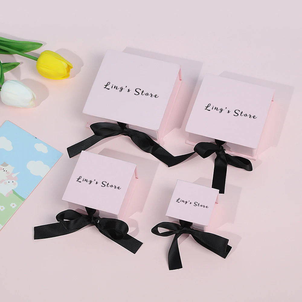 50pcs Pink Personalized Logo Jewelry Flap Bowknot Box Earrings Ring Perfume Watch USB Keychain Organizer Velvet Bag Storage Sack