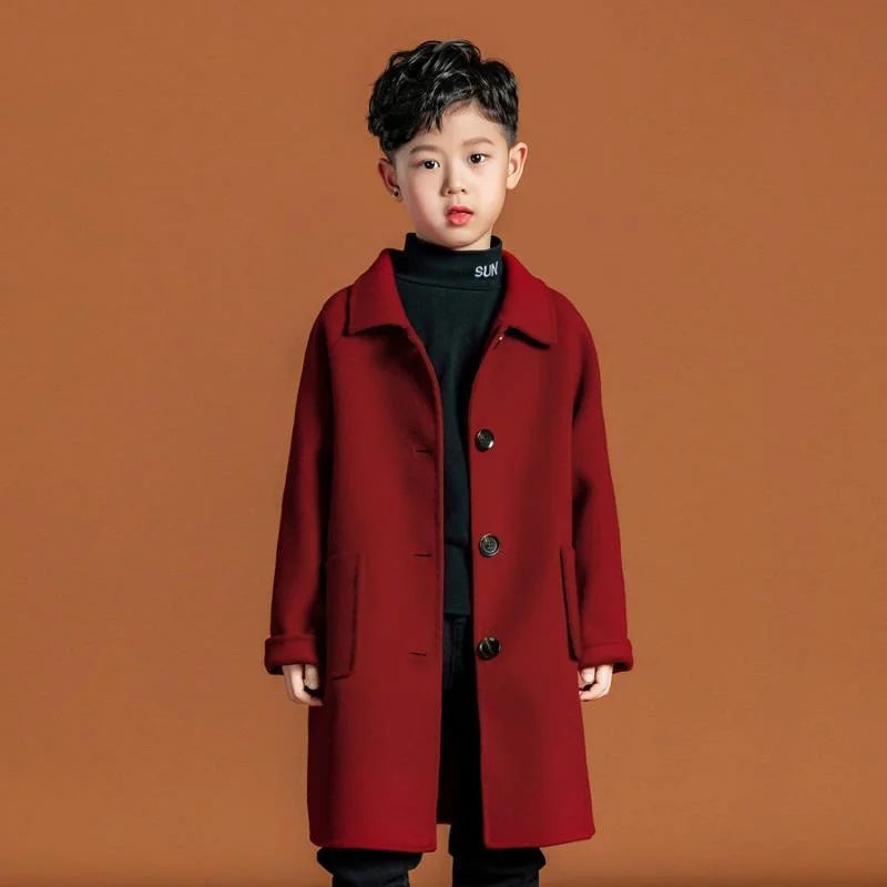 Boys Woolen Coat Overcoat Jacket Windbreak 2024 Red Warm Plus Thicken Autumn Winter Cotton School Children's Clothing
