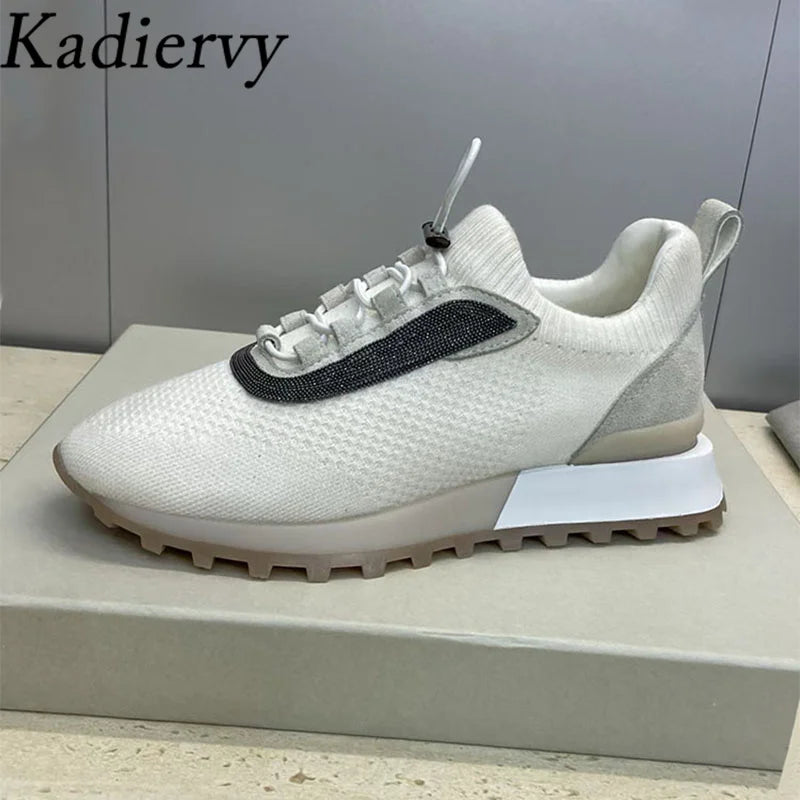 Casual Sneakers Women Round Toe Patchwork Outdoors Running Shoes Cosy Walking Shoes String Bead Lace Up Flat Sports Shoes Woman
