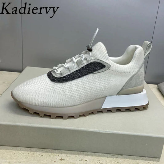 Casual Sneakers Women Round Toe Patchwork Outdoors Running Shoes Cosy Walking Shoes String Bead Lace Up Flat Sports Shoes Woman