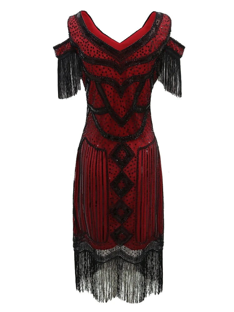 Women Fringe 1920s Flapper Dress 20s Gatsby Themed Party Dress Vintage V-neck Off Shoulder Sequin Beaded Cocktail Dress