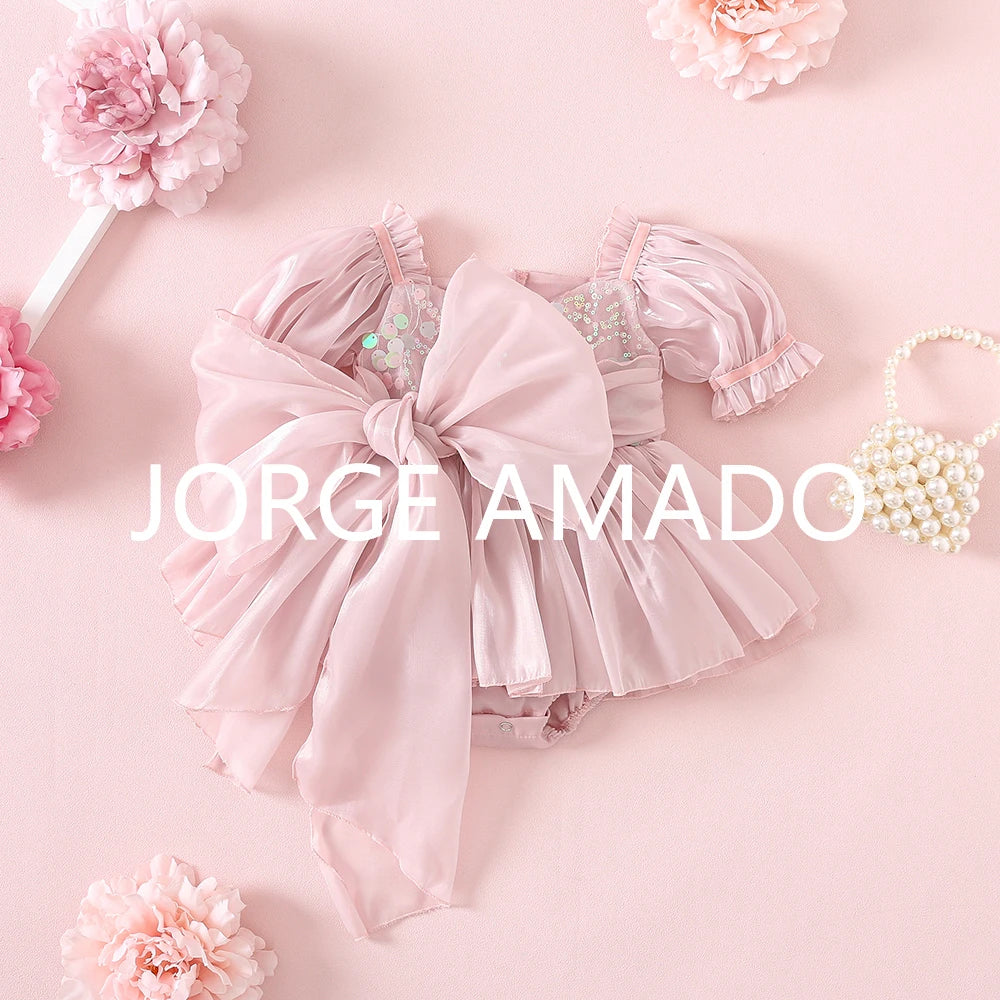 New Summer Sister Girl Matching Romper Dress Short Sling Sleeves Big Bow Bodysuit Sequined Princess Dresses Twins Clothing H1518