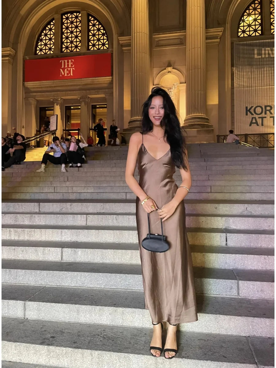 2025 New Elegant women's fashion silk satin texture MIDI dress sexy backless party slip dress
