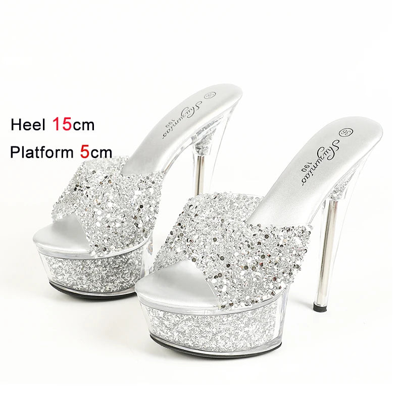 Transparent Platform Crystal Sandals 2024 Summer New Sequin Women Shoes Mules Peep Toe High Heels 15CM Thin High Heeled Slippers