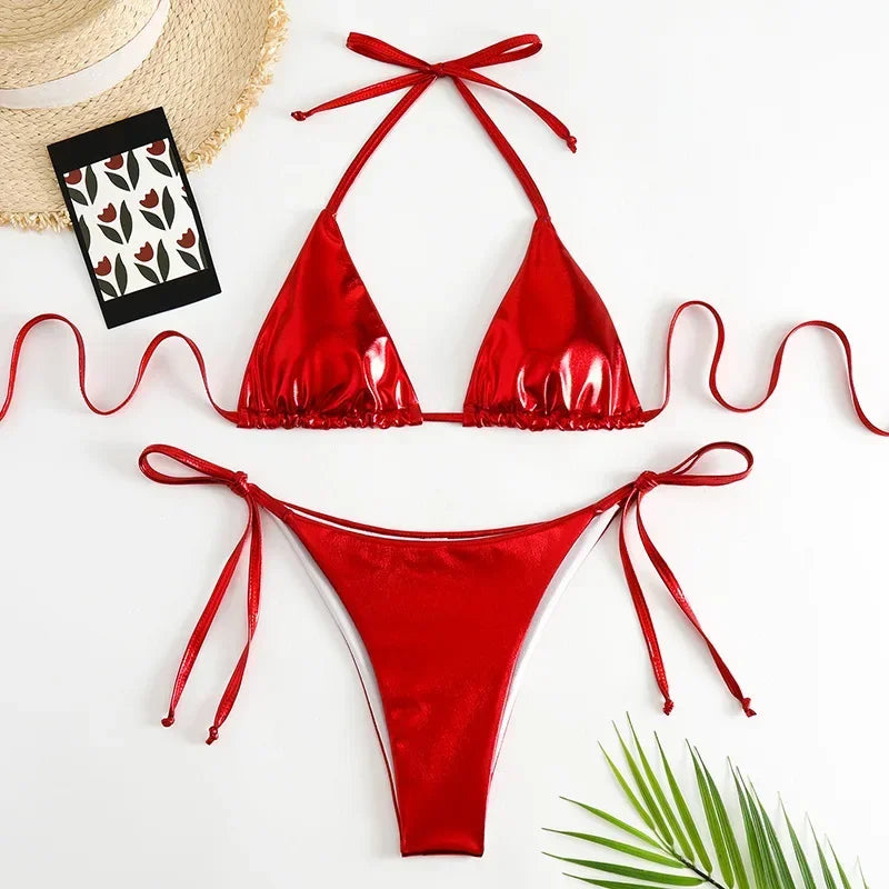 Sexy Metallic Halter Bikinis Sets Lace Up Triangle Tie Side Bikini 2026 Swimsuit Women Swimwear Brazilian Female Bathing Suits