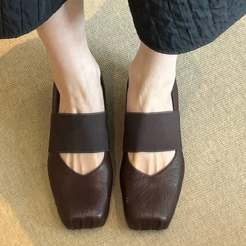 Luxury Shoes Women2026 New Leather Square Toe Elastic Band Mary Jane Women's Shallow Toe Flat Single Shoe Shoes for Women