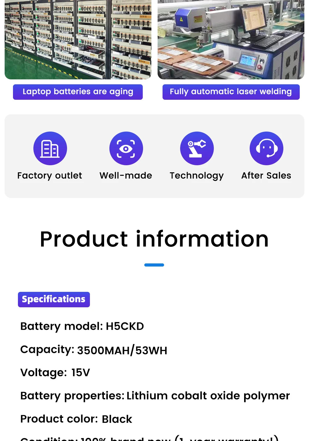 New H5CKD Laptop Battery For Dell Inspiron 5502 5505 5409 5400 2-IN-1 7506 3410 3510 9077G P129G P102F 5401 5509 5408 53WH