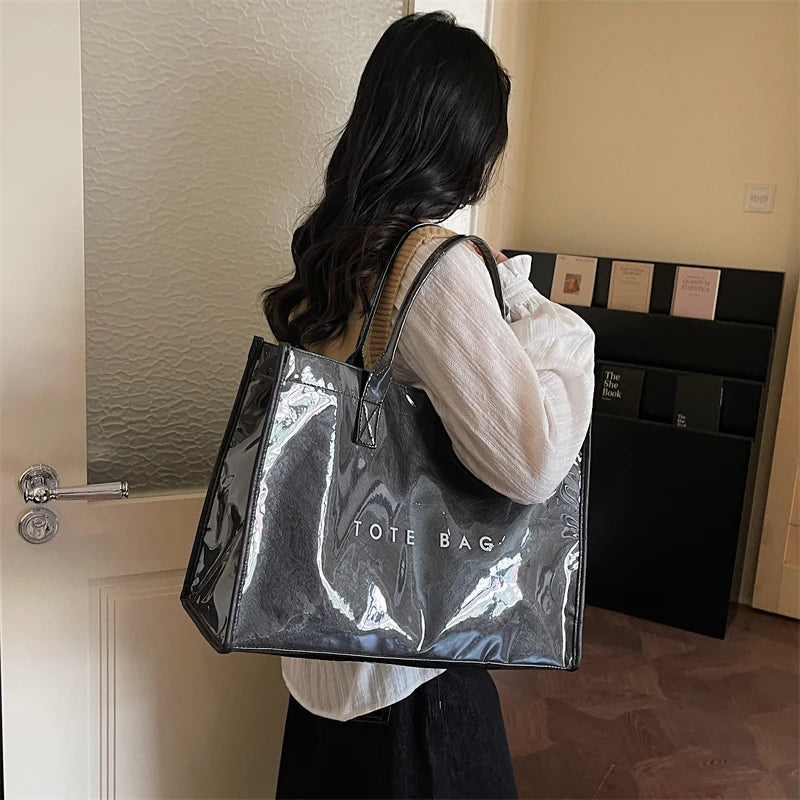 Women's Glossy Leather Tote Bag Letter Print Large Capacity Casual Commuter Shoulder Bag Fashion Daily Shopping Handbag 2026