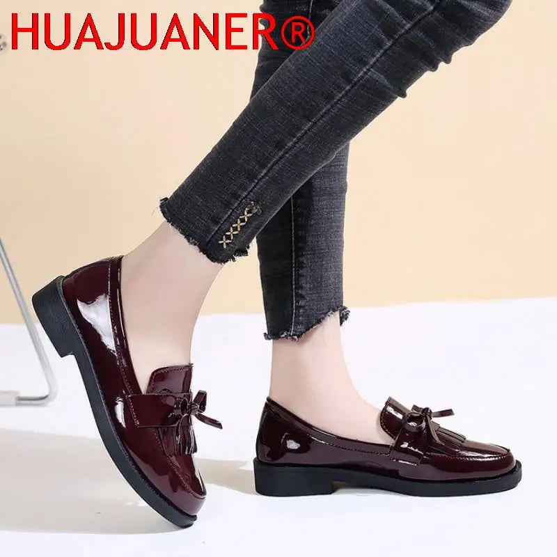 Black Patent Leather Women's Loafers Platform Slip on Shoes for Women 2025 New Spring British Tassel Casual Flats Shoes Woman