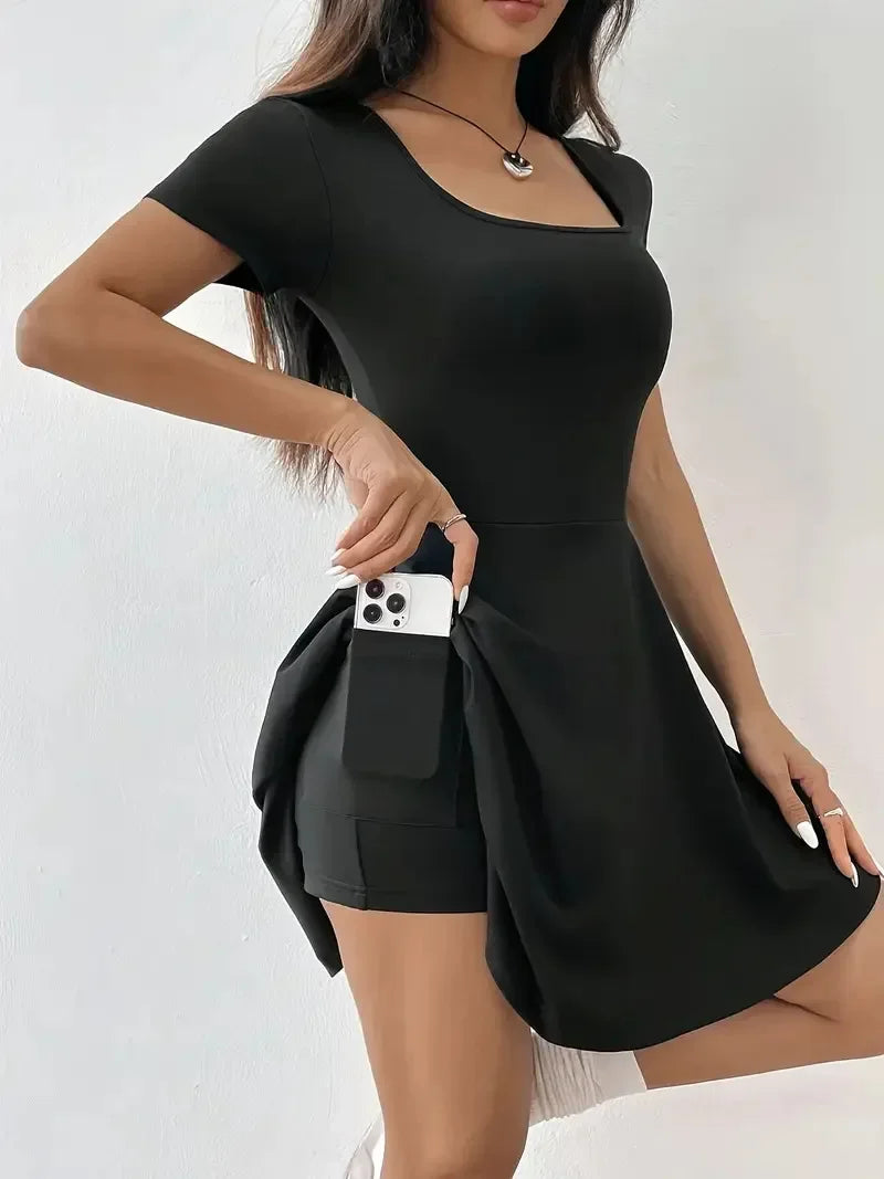 Summer 2025 Brown Knitted Short Casual Dress Mini Skirt Length Polyester Fiber Square Collar Empire Waistline Regular Sleeve