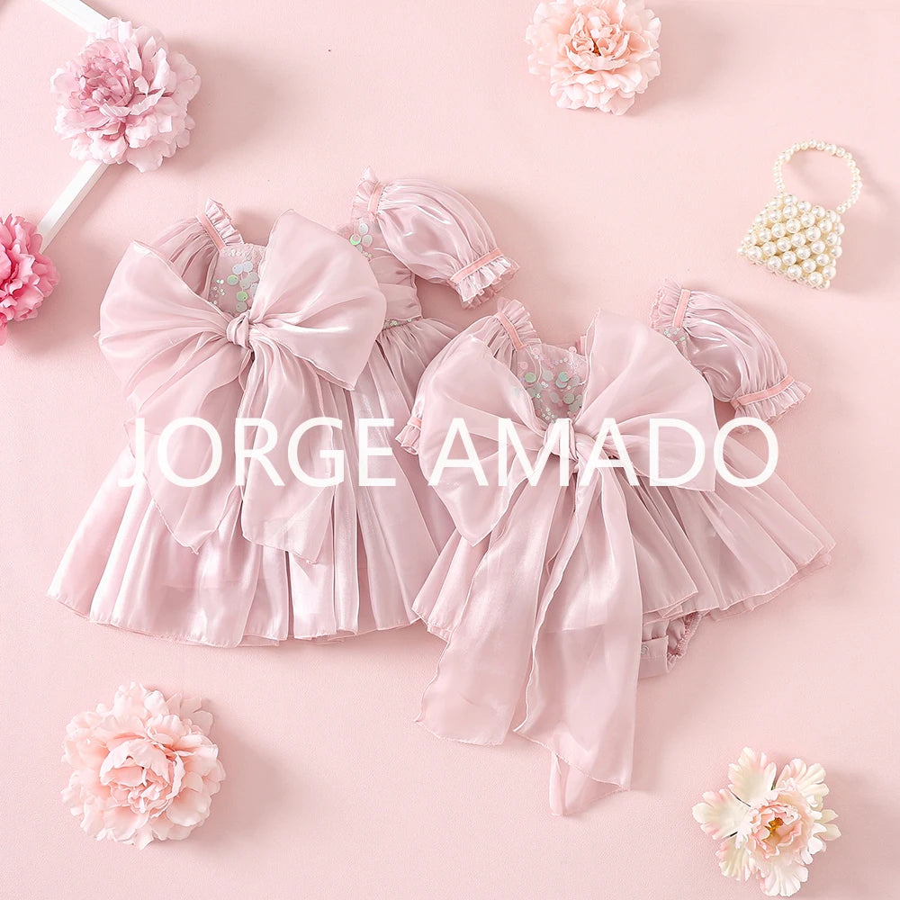 New Summer Sister Girl Matching Romper Dress Short Sling Sleeves Big Bow Bodysuit Sequined Princess Dresses Twins Clothing H1518