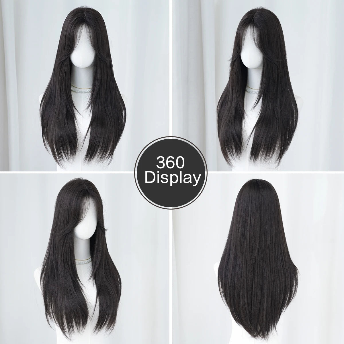 Long Straight Dark Brown Wig High Density Synthetic Middle Part Wigs with Curtain Bangs for Women Daily Party Use