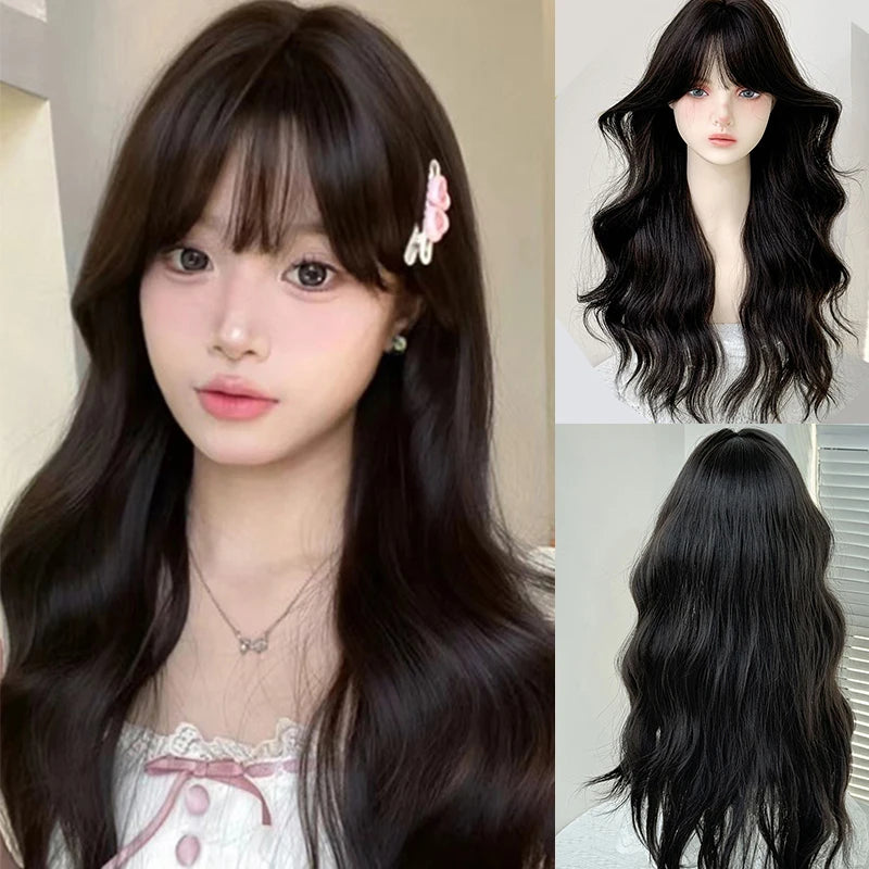 Ombre Pink Brown Wig for Women Cute Lolita Hair Wig with Bangs High Temperature Fibers Synthetic Wigs Headband Wigs for Cosplay