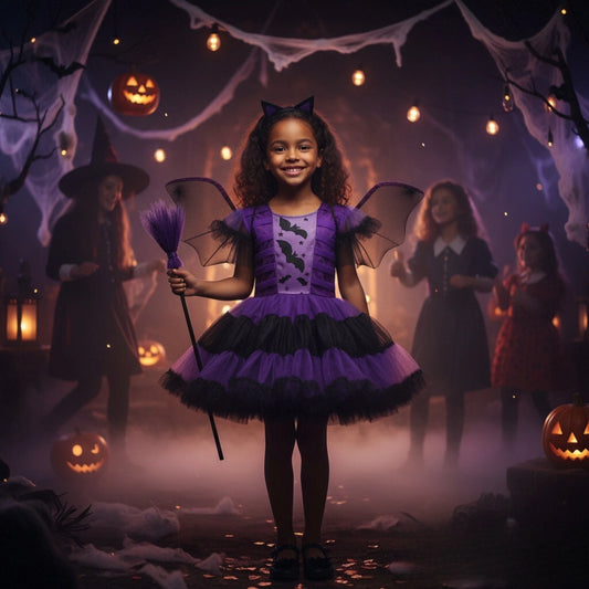2-12T Halloween Costume for Kids Girls Purple Bat Dress Carnival Vampire Costume Witch Cosplay Clothes Carnival Party Gifts