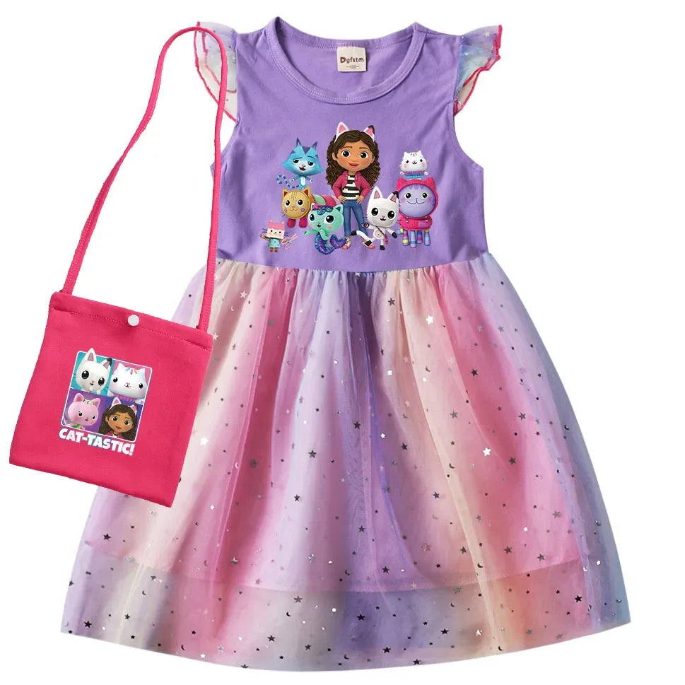 2024 Girls Summer Dresses Gabbys Dollhouse Girls Cat Tastic Costumes Kawaii Kids Birthday Party Princess Dress with Headwear Bag