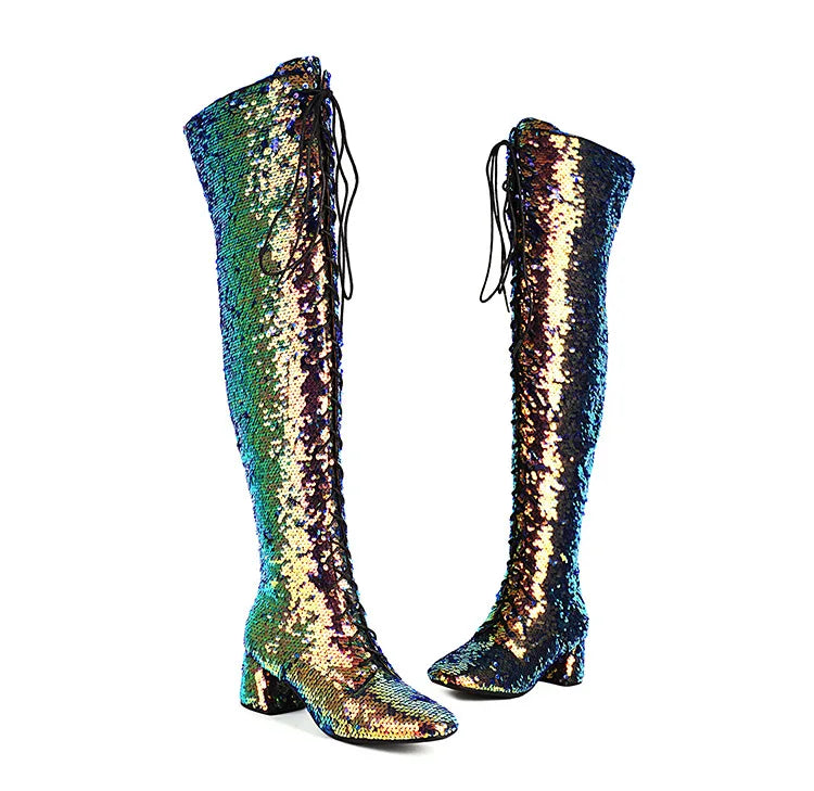Glitter Bling Boots Women Over the knee Chunk High Heels Zipper Lace-Up Runway Lady Shoes Large Size Thigh High Boots Size 46