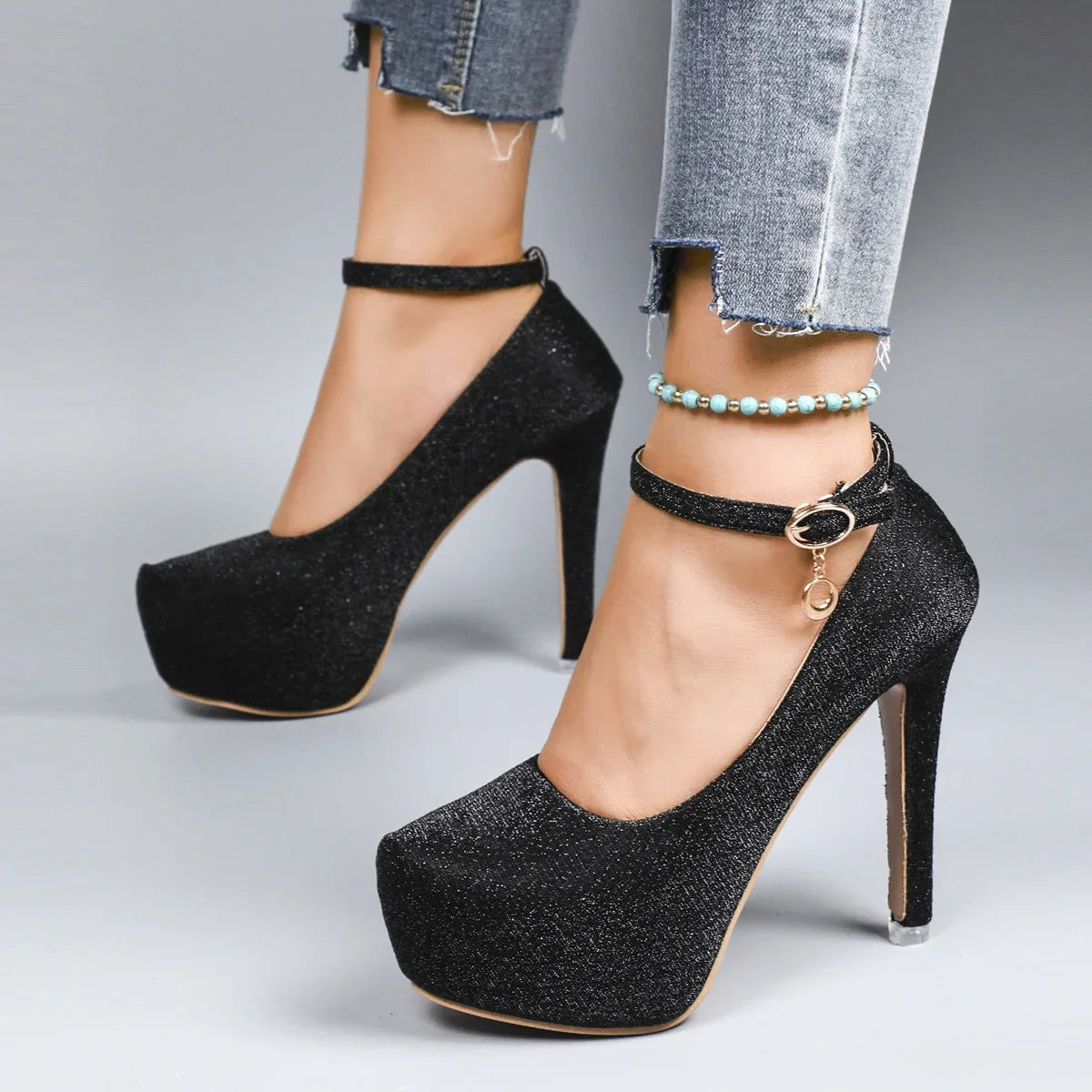 Spring Autumn New Style Waterproof Platform High Heels Thin Heel Silver Large Size Ultra High Heel Single Shoes for Women Show A