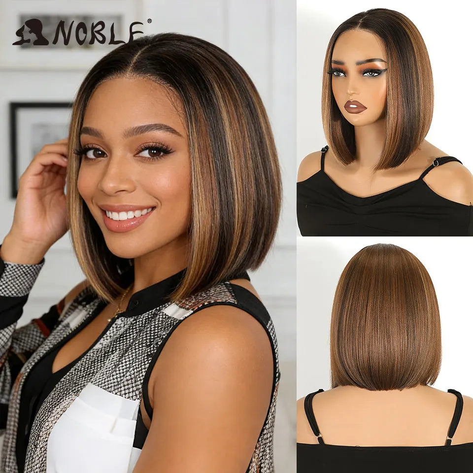 Noble Short Bob Wig Synthetic Lace Front Wig For Women 10Inch 13x3 Pre Plucked Free Part Lace Wig Ombre Brown Blonde Cosplay Wig