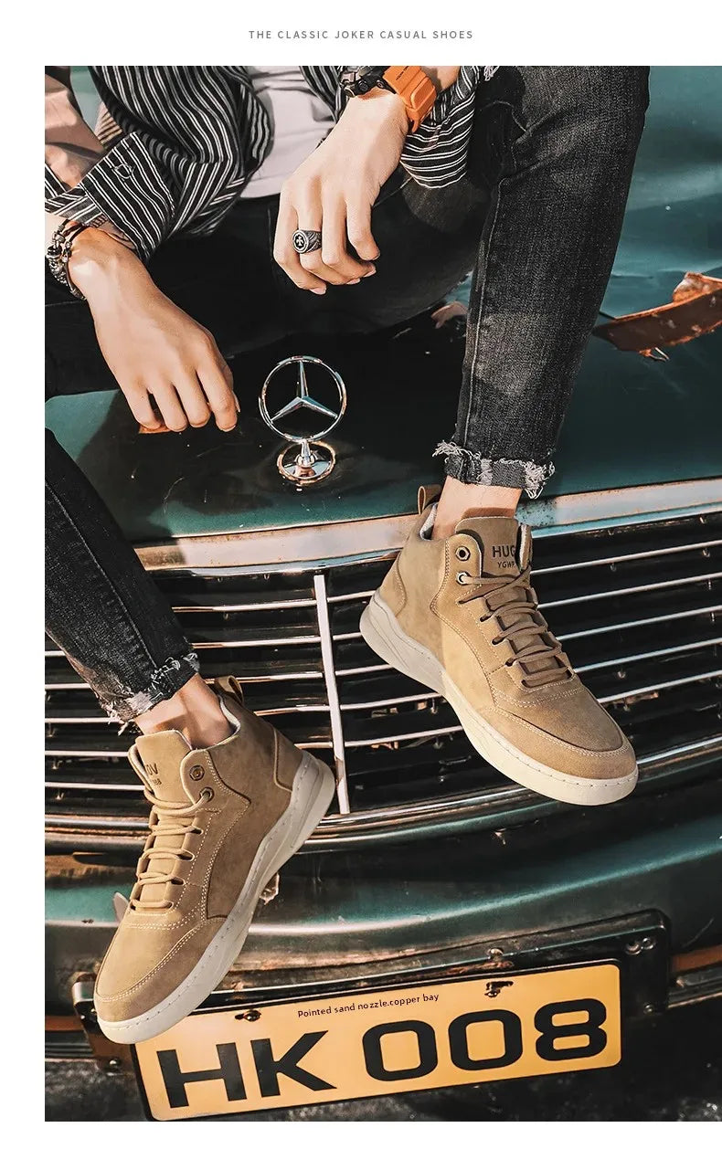 Men's High Top Sport Shoes Winter New Fashion Retro Outdoor Travel Matching Lace up Leather Surface Shoes Comfortable Casual Sne