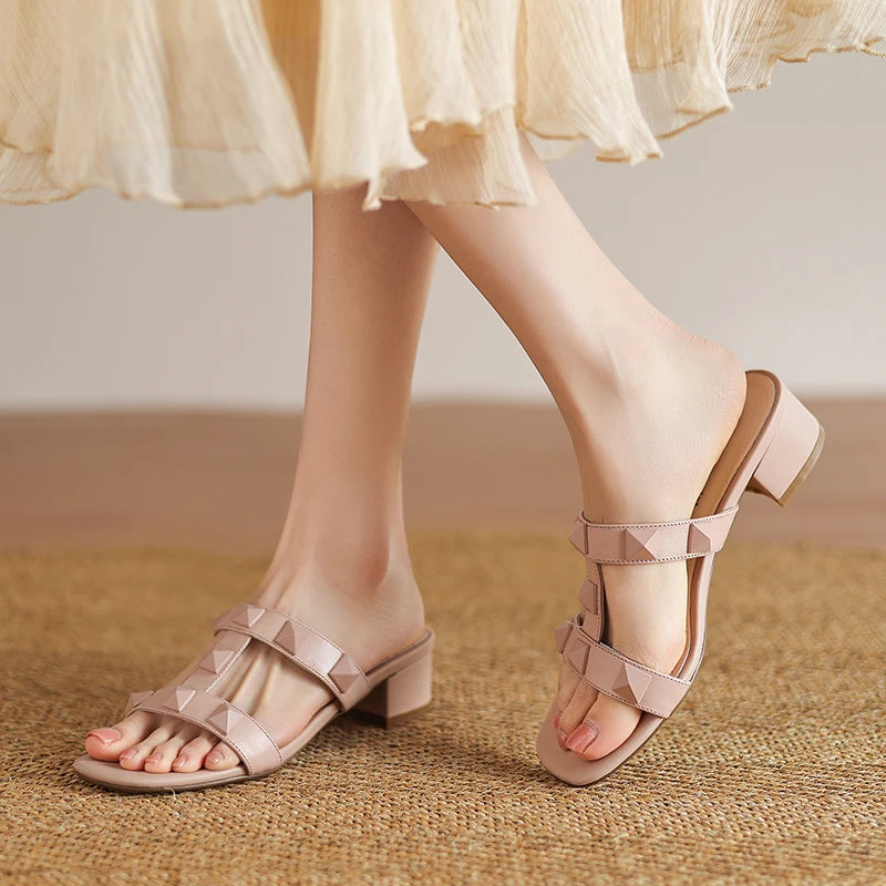 Heeled sandals women's sandals summer  trend luxury Gladiator Genuine Leather Heeled Slippers Rivets Strappy High Heels shoe