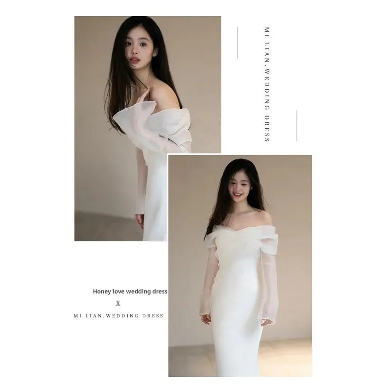 2026 Summer New One Shoulder Satin Light Wedding Dress French Travel Photography Bridal Temperament Simple and Slim Fit Dress
