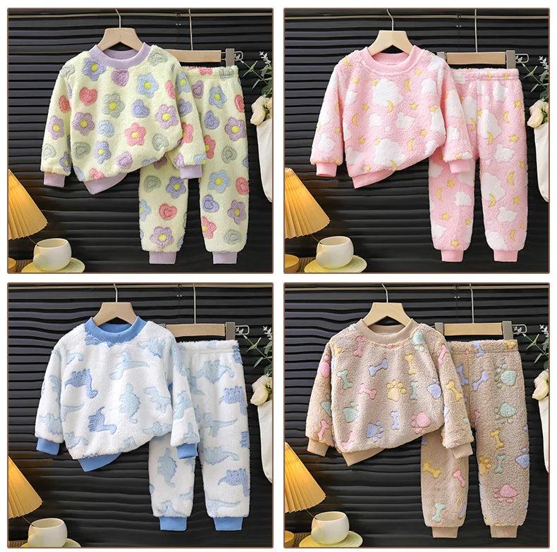 Children's Casual Soft Flannel Pajamas Sets Boys Girls Cartoon Flower Sleepwear Toddler Baby Autumn Winter Thicken Warm Pyjamas