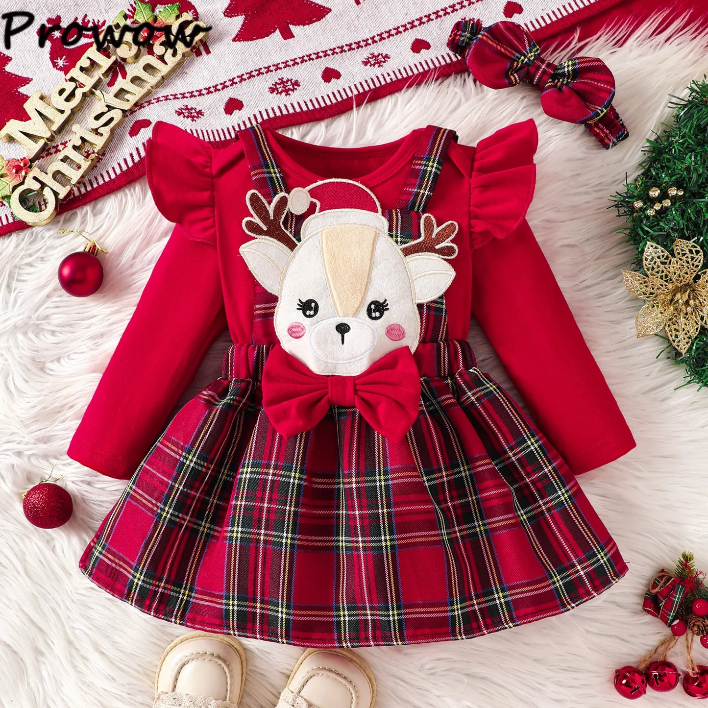 Prowow Baby Girls Christmas Outfits Set Red Bodysuit+Plaid Deer Suspender Dress Set 3pcs My First New Year Costume For Baby 2026