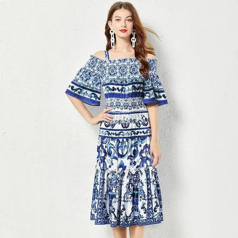 JAMERARY Summer Runway Blue White Porcelain Print Midi Dress Women's Straps Flare Sleeve Elastic Waist Cotton Floral Vestidos