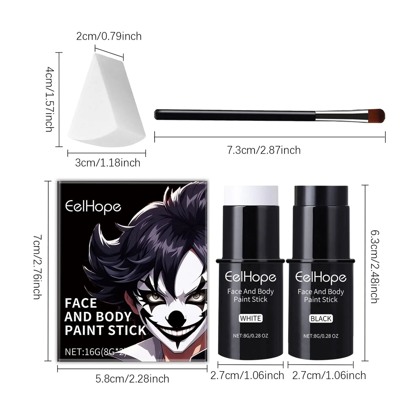 Halloween Black White Face Body Paint Kit Full Coverage Lighweight Foundation Clown Joker Makeup Festive Makeup Accessories Set