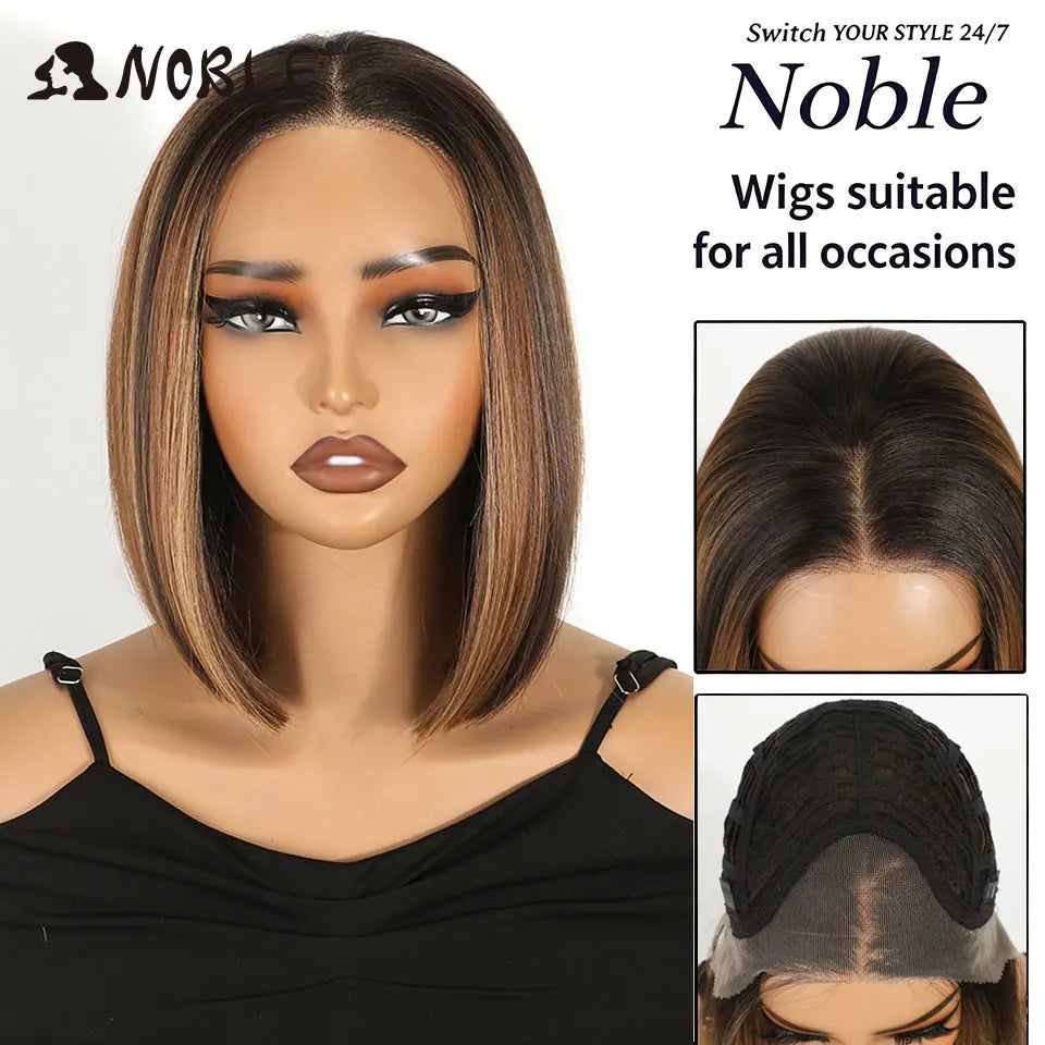 Noble Short Bob Wig Synthetic Lace Front Wig For Women 10Inch 13x3 Pre Plucked Free Part Lace Wig Ombre Brown Blonde Cosplay Wig