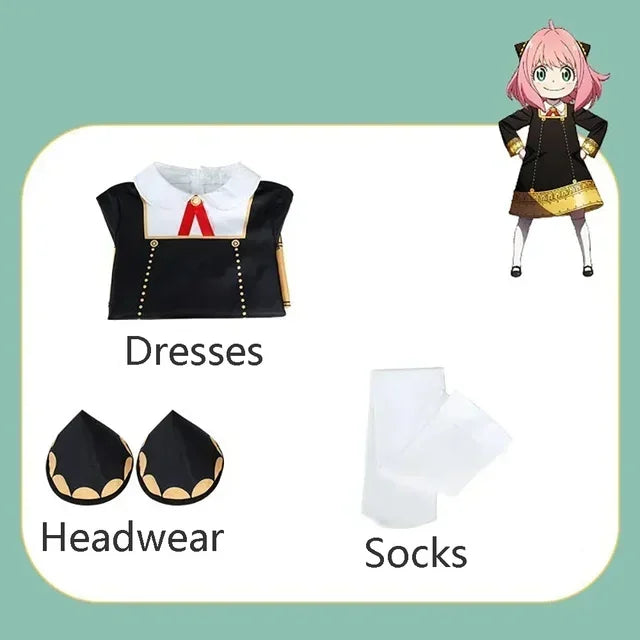 Halloween X Familie Anya Cosplay Costume Kids Adults Black Dress Kawaii Girls Women Dress Pink Wig Party Role Play Outfits