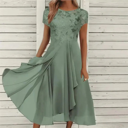 New 2025 Women's Lace Dress for Party Elegant Bride Wedding Dress Plus Size Jewel Neck Knee Length Chiffon Lace Long Party Dress
