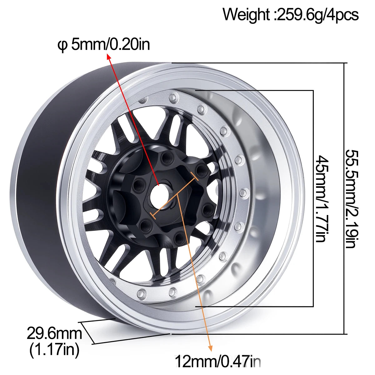 4Pcs 1.9 Aluminum Beadlock Wheel Rims Adjustable Offset 12mm Hex for 1/10 RC Crawler Car TRX4 TRX6 SCX10 90046 GEN7 8 D90 Parts