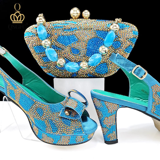 New Arrival Sky Blue Color Platform Design Party Wedding High Heel Peep Toe Lady Shoes and Bag Set and A Pair of Shoes