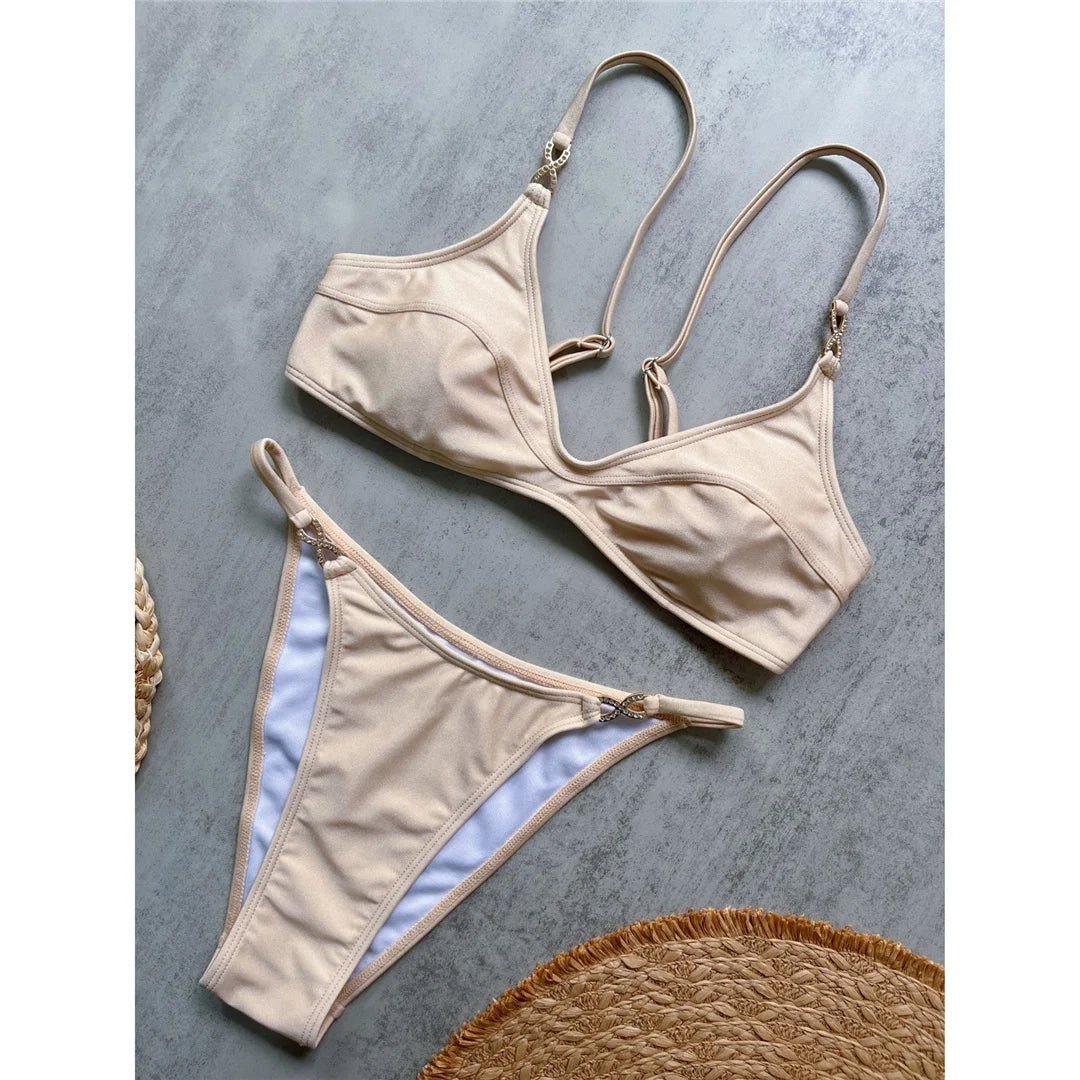 10 Colors V Neck Rhinestones Bikini Female Swimsuit Women Swimwear Two-Pieces Bikini Set Padded Bather Bathing Suit Swim V8138